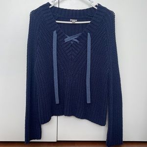 Aerie V Neck Lace Up Navy Sweater, Small